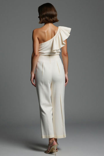 One Shoulder Ruffled 2 Piece Ivory Work Jumpsuits